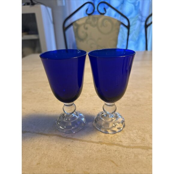 Vintage 1930s Fostoria Victorian American Lady Cobalt Blue 2 Oz Glasses Set Of 2 - Picture 5 of 6